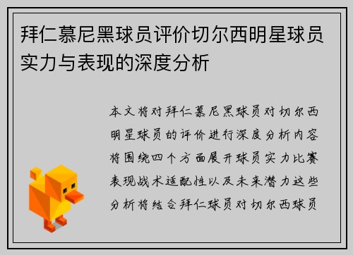 拜仁慕尼黑球员评价切尔西明星球员实力与表现的深度分析